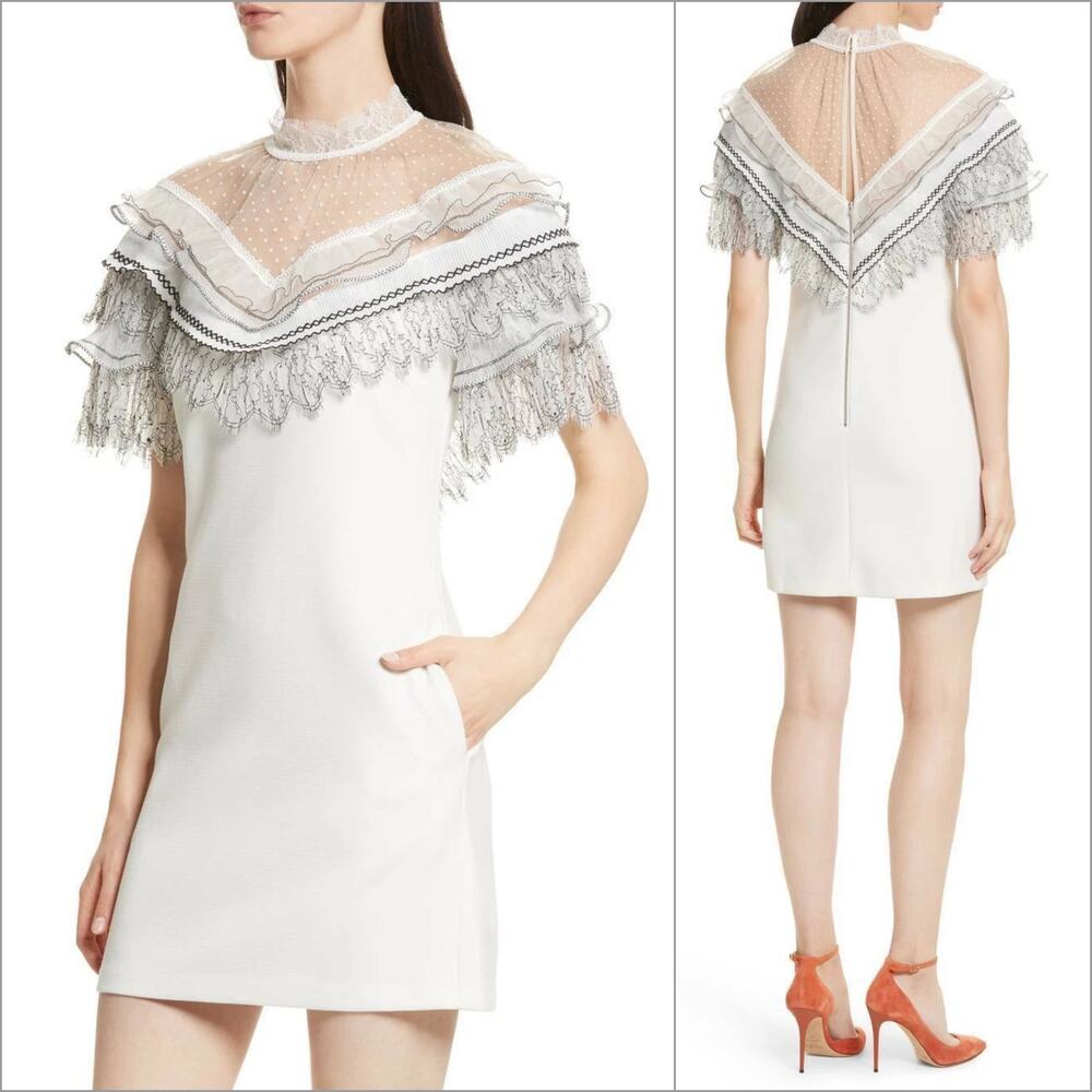 Self Portrait Embroidered Ruffle Mini Dress sheer lace shoulder sz 2